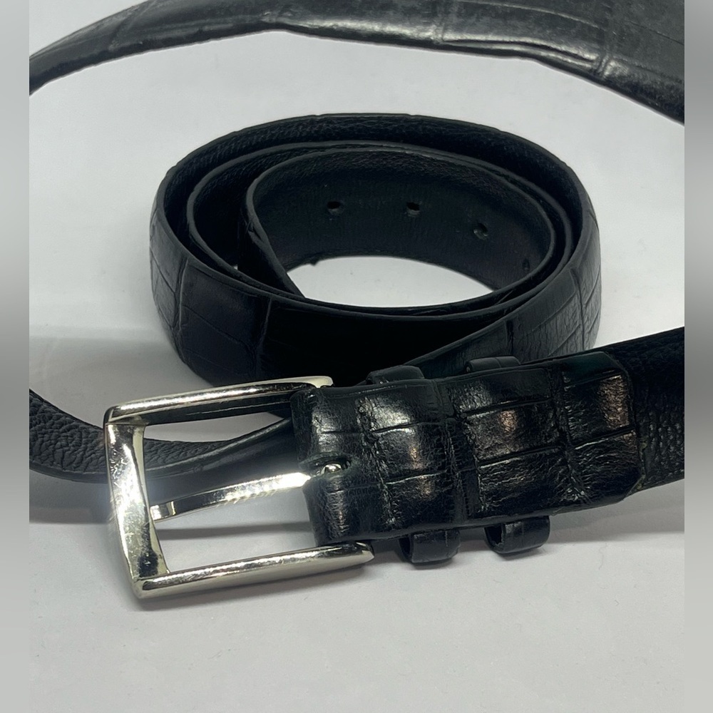 Stylish Black Croc-Embossed LEATHER Belt with Silver Buckle. DRESS BELT. - Picture 7 of 7